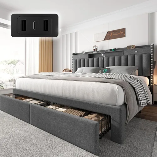 Vista 12 de CypBed Base de cama matrimonial con cabecero y 2 cajones de almacenamiento Negro