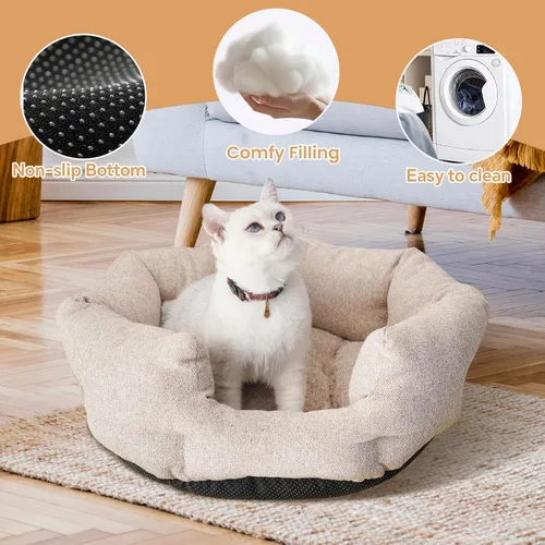 Vista 5 de Camas redondas lavables para gatos de interior, cama para perros extra pequeños, sofá para mascotas para cachorros, perros y gatitos, suave pero