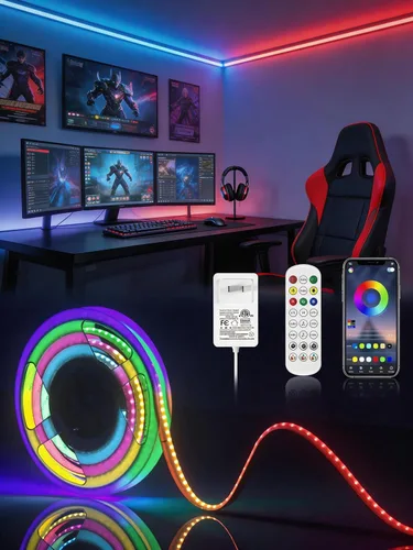 Tira de luz LED COB RGB, tira de luz LED COB de 16.4 pies con control remoto, aplicación inteligente regulable, sincronización de música que cambia