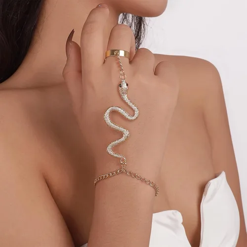 Vista 3 de HUASAI Pulsera de serpiente de cadena de mano para mujer, pulsera de anillo de dedo, arnés de mano esclava, joyería de serpiente para fiesta