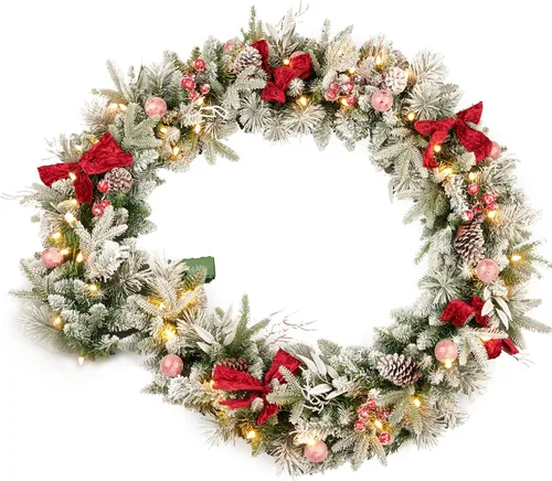 Vista 7 de Guirnalda de Navidad con Nieve Artificial Preiliminada de 9 Pies, con Bayas y Lazos y 50 Luces, se Enchufa, Decoración Navideña para Chimenea