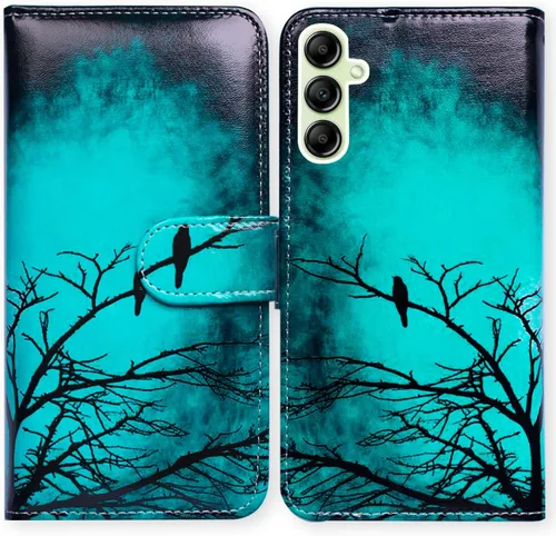 Bcov Funda para Galaxy A14 5G, diseño de pájaro negro y verde con tapa para teléfono con ranura para tarjeta y soporte para Samsung Galaxy A14 5G