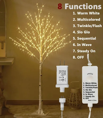 Vista 4 de LITBLOOM Árbol de abedul iluminado con ramas enchufables con 8 funciones, de 4 pies, 200 luces LED blancas cálidas y multicolor para decoración