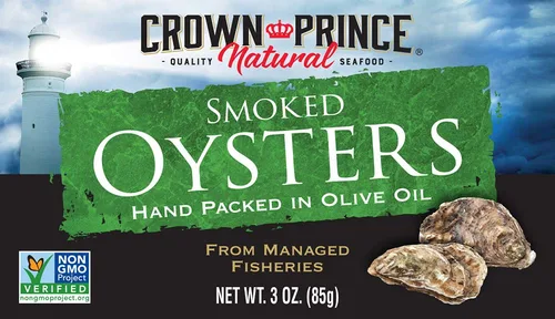 Vista 4 de Crown Prince Ostras ahumadas naturales en aceite de oliva puro, latas de 3 onzas (paquete de 18)