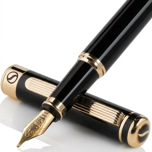 Vista 20 de Scriveiner Pluma Estilográfica de Lujo - Impresionante Pluma de Laca Negra, Acabado de Oro Real, Plumín Dorado Schmidt (Mediano), Convertidor, Mejor