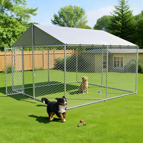 Vista 7 de Perrera para perros de 10 x 10 pies, recinto resistente para perros exteriores con cubierta impermeable y cerradura de seguridad para perros grandes