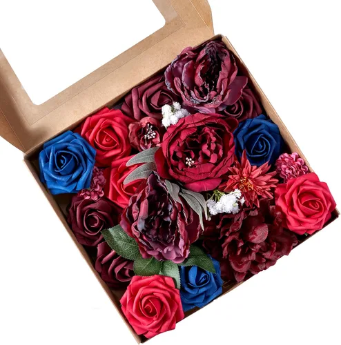 Vista 14 de Combo de flores artificiales, flores falsas para mesas de bricolaje, centros de mesa, baby shower, despedida de soltera, arreglos de ramo de boda