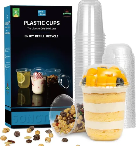Vista 8 de Songtaste 50 vasos de plástico desechables, vasos de plástico transparente de 12 onzas con tapas de cúpula y sin agujero, soportes para frutas
