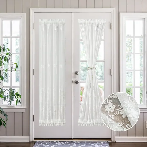Vista 10 de VOGOL Cortinas blancas transparentes para puerta francesa, bonito panel de cortina bordado de pájaro con alzapaños de borlas, elegante cortina