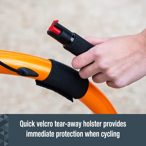 Vista 4 de SABRE Cyclist Pepper Spray con correa ajustable para bicicleta, 45 ráfagas, rango de 10 pies (9.8 ft), diseño de gancho y bucle extraíble para un