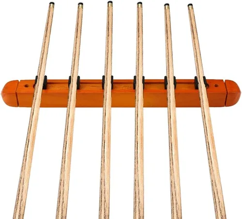 Vista 2 de Soporte para barra de piscina, estante de pared de 6 tacos de billar, soporte de pared de madera maciza de primera calidad