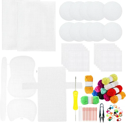 Vista 12 de Allazone 52 hojas de lona de plástico de malla, 4 formas, lienzo de plástico para manualidades, bordado, punto de cruz, hilo acrílico, proyectos