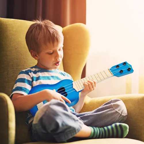 Vista 7 de YEZI - Ukelele clásico de juguete para niños, tipo guitarra, instrumento musical, azul