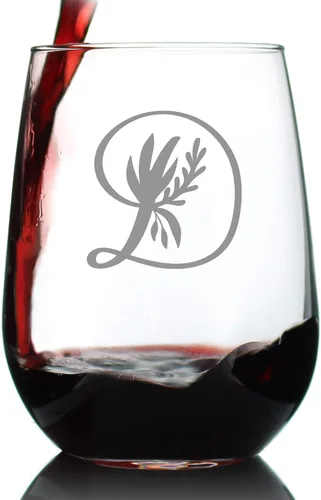 Vista 7 de Custom Monogram Floral Letter D - Personalized Stemless Wine Glass - Personalized Gifts for Women and Men - Large Engraved 17 Oz Glasses