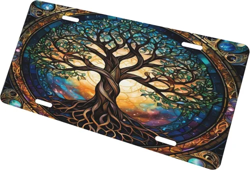 Vista 2 de Árbol de la vida - Placa de matrícula colorida abstracta divertida de aluminio para placas delanteras decorativas, impermeables, sin óxido