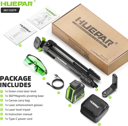 Vista 8 de Huepar Nivel Láser de 360° con Trípode de 60 Pulgadas, 82-165 Pies Nivel Láser Autonivelante con Modo de Pulso, 3 Niveles de Brillo Batería