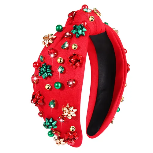 Vista 23 de NVENF Diadema con nudo superior ancho y perlas de cristal para mujer, accesorios para el cabello, regalos (árbol de Navidad grande 1)