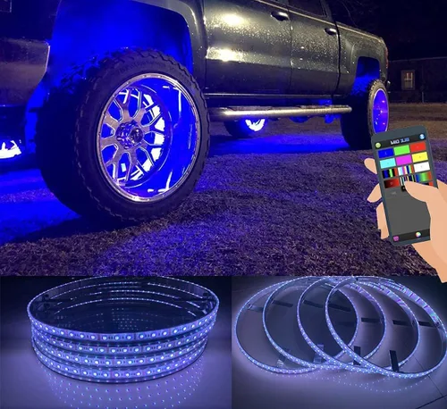 Vista 2 de Juego de 4 luces LED de 15.5 pulgadas RGB con cambio múltiple para llanta, con frenado, aplicación Bluetooth de giro/control remoto Ctrl IP68, kit
