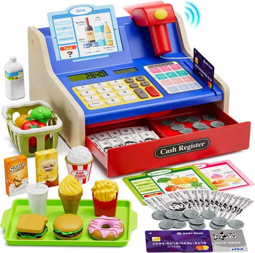HYES Caja registradora de madera para niños, supermercado de juego de simulación recargable y restaurante de comida rápida, caja registradora con