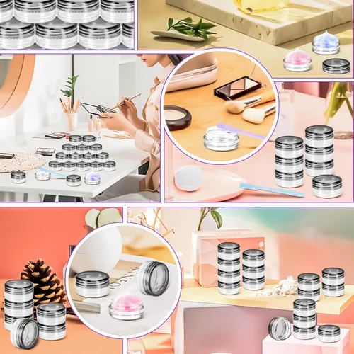 Vista 5 de MotBach 100 paquetes de botes de plástico de 3 g con tapas, botes de cosméticos redondos transparentes de 3 ml, botes de maquillaje de 3 gramos