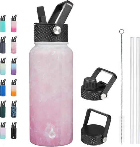 Vista 109 de BJPKPK - Botellas de agua aisladas con tapa con popote, botella grande de metal de 32 onzas con 3 tapas, termo reutilizable sin fugas y sin BPA