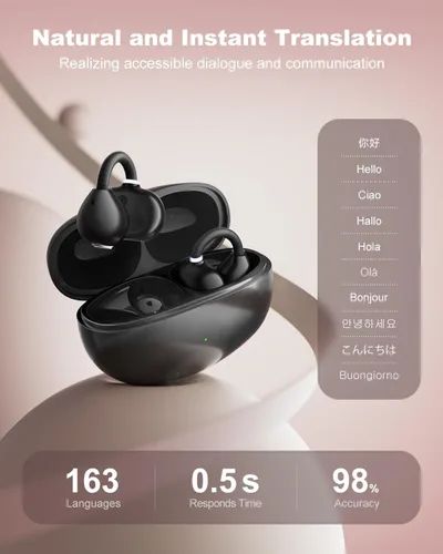 Vista 2 de Auriculares de traducción AI en tiempo real, 163 acentos e idiomas, audífonos de traducción de oído abierto 3 en 1 para aprendizaje de viajes