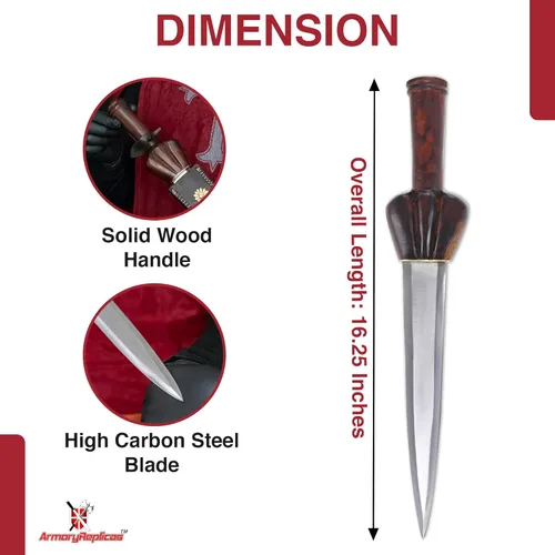 Vista 2 de Armory Replicas Daga de buey medieval forjada a mano Hoja de doble filo de acero de alto carbono 1095 con mango de madera de latón y funda de cuero