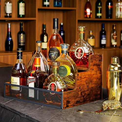 Vista 4 de Estante de exhibición de botellas de licor de 3 pasos para encimera, estantes de bar de madera para 12 botellas con cercas, estantes