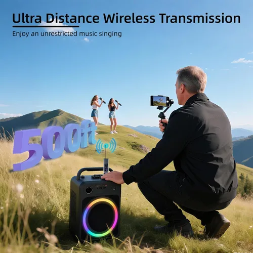 Vista 4 de Micrófonos inalámbricos para cantar karaoke, sistema de micrófono inalámbrico dual de metal de largo alcance de 500 pies/492.1 ft con 99 canales