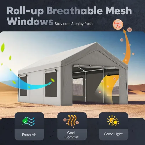 Vista 4 de Quictent Cochera resistente de 10 x 20 pies con puertas laterales con cremallera y cables de acero a prueba de nieve y ventanas ventiladas, refugio