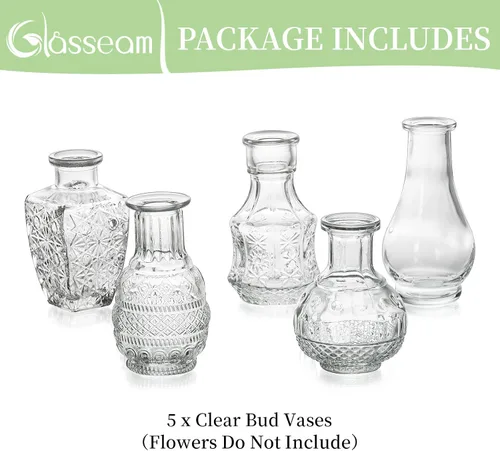 Vista 8 de Glasseam Jarrón pequeño de cristal: floreros vintage para centros de mesa, mini jarrón transparente de cristal, juego de 5 bonitos jarrones