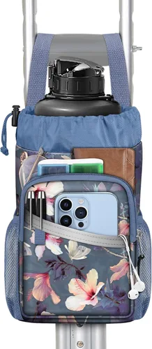 FINPAC Bolsa de accesorios para muletas, organizador de almacenamiento resistente al agua, con soporte para bebidas y bolsa con cremallera para