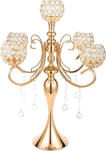 Candelabro dorado de 5 brazos de 26 pulgadas de alto, candelabros con cuentas de cristal para centro de mesa, boda, fiesta, cena, eventos formales,