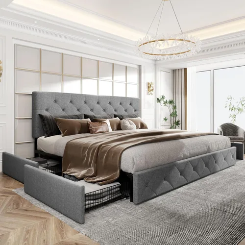 Vista 118 de HOOMIC Base de cama de almacenamiento de plataforma de tamaño matrimonial con 4 cajones y cabecera ajustable, listones de madera, no necesita