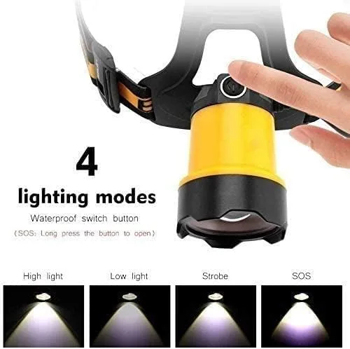 Vista 4 de Linterna frontal LED recargable, diadema ajustable, linterna impermeable IPX4 con 3 modos de iluminación, luz de casco duro de 1200 lúmenes con luz