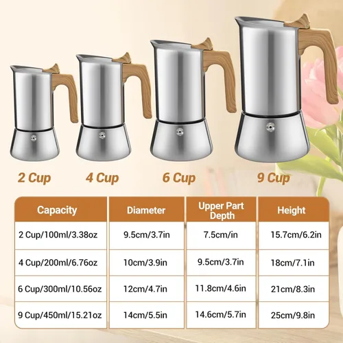 Vista 2 de Cafetera Moka de 2 Tazas Sin Revestimiento de Acero Inoxidable 304 Engrosado para Estufa Cafetera de Café Espresso 100ml 3.4oz Percolador Mocha