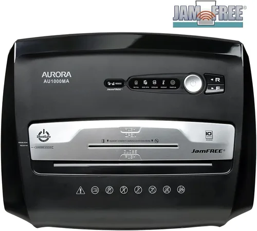 Vista 3 de Aurora JamFree - Trituradora de papel/tarjetas de crédito (8 hojas microcortadas), Negro/Plateado