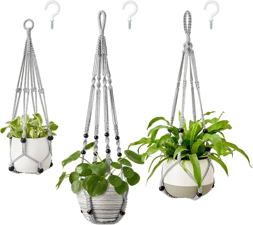 Vista 7 de Mkono Paquete de 3 ganchos de macramé para plantas de interior de diferentes tamaños, cesta colgante para macetas con cuentas sin borlas, 43 Marrón