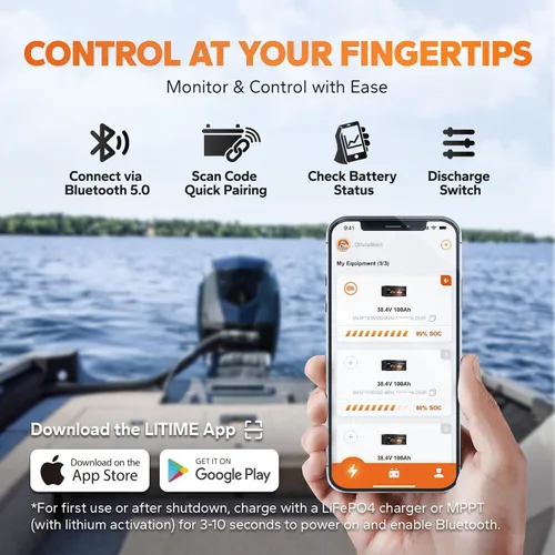 Vista 3 de LiTime Batería LiFePO4 de 36V 100Ah OBM Bluetooth con Protección a Baja Temperatura con Cargador de 43.8V 25A, BMS Integrado de 100A, Batería