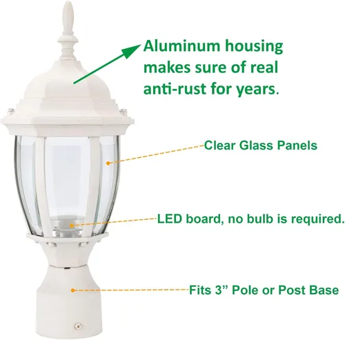 Vista 2 de LIT-PaTH Accesorio de iluminación LED para exteriores, farol de poste, 9.5 W, 800 lúmenes, blanco cálido de 3000 K, carcasa de aluminio más vidrio