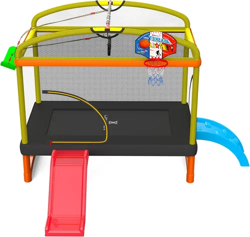 Vista 4 de LANGXUN Trampolín rectangular 7 en 1 de 6.5 pies para niños, con escalada, tobogán, columpio, aro de baloncesto, multifuncional, para interiores
