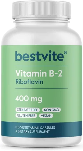 BESTVITE Vitamina B-2 (riboflavina) 400 mg (120 cápsulas vegetarianas) - Alta potencia - Energía, piel y salud celular - Apoyo saludable del sistema