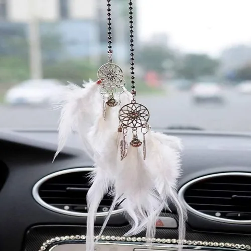 Vista 5 de Colgante de espejo retrovisor para automóvil, atrapasueños de plumas, dije de cristal, accesorios decorativos para automóvil para mujer (rosa)