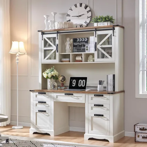 RedLemon Escritorio estilo granja de 60 pulgadas con estantería superior, escritorio ejecutivo de madera para oficina en casa con cajón, estación de