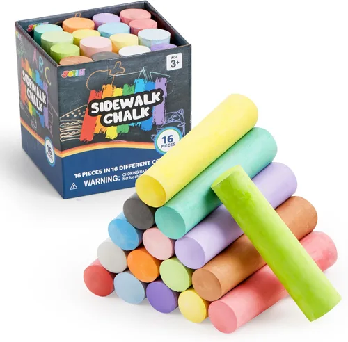 JOYIN 16 PCS Sidewalk Chalks Set Non-Toxic Washable Jumbo Chalk Bulk for Toddlers 1-3, Painting on Chalkboard, Driveway and Playground, Outdoor