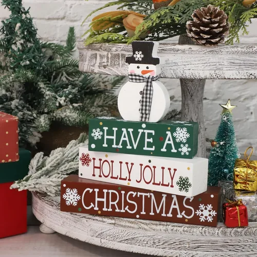 Vista 5 de 4 piezas de decoración de Navidad para interiores, letrero de muñeco de nieve de madera para mesa, centros de mesa, bloque de mesa de Navidad