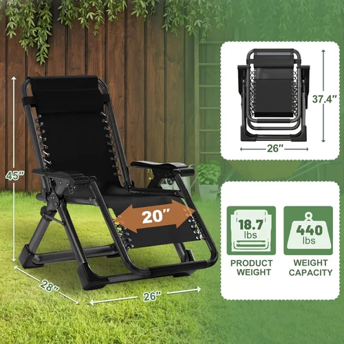 Vista 2 de Barbella Zero Gravity - Silla reclinable, sillas de patio, reclinables plegables ajustables con cojín extraíble, reposacabezas y soporte para tazas