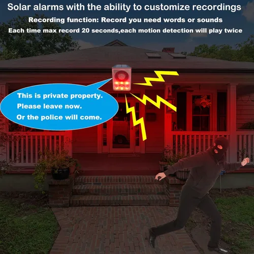 Vista 3 de Detector de movimiento solar para exteriores con sonido de ladridos de perro de 130 dB y disparo, carga USB y luz estroboscópica, disuade a