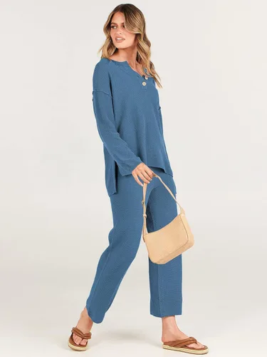 Vista 5 de ANRABESS Conjunto de 2 piezas para mujer, conjunto de suéter holgado holgado de punto de gran tamaño, conjunto de ropa de descanso a juego de moda