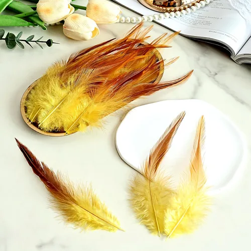Vista 5 de THARAHT 200 piezas de plumas de gallo de sillín amarillas sueltas a granel 5-7 pulgadas 4.7-6.7 in para decoración de atrapasueños de bricolaje